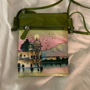 Gorgeous olive green cross-over mini purse hand painted one of a kind.